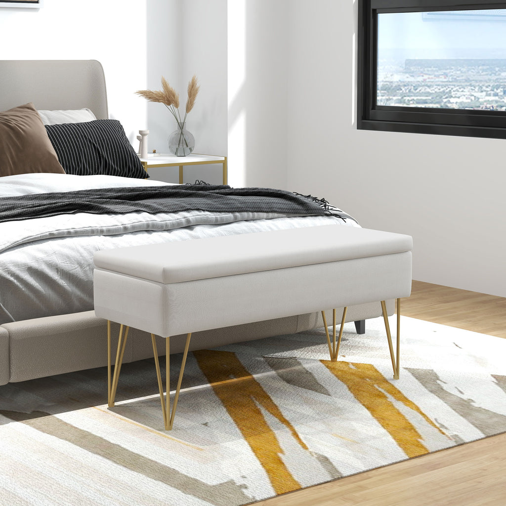 Bettbank mit Stauraum, dicke Polsterung, atmungsaktiver Stoff, Stahlf¨¹?e, 100x40x49 cm, Creme