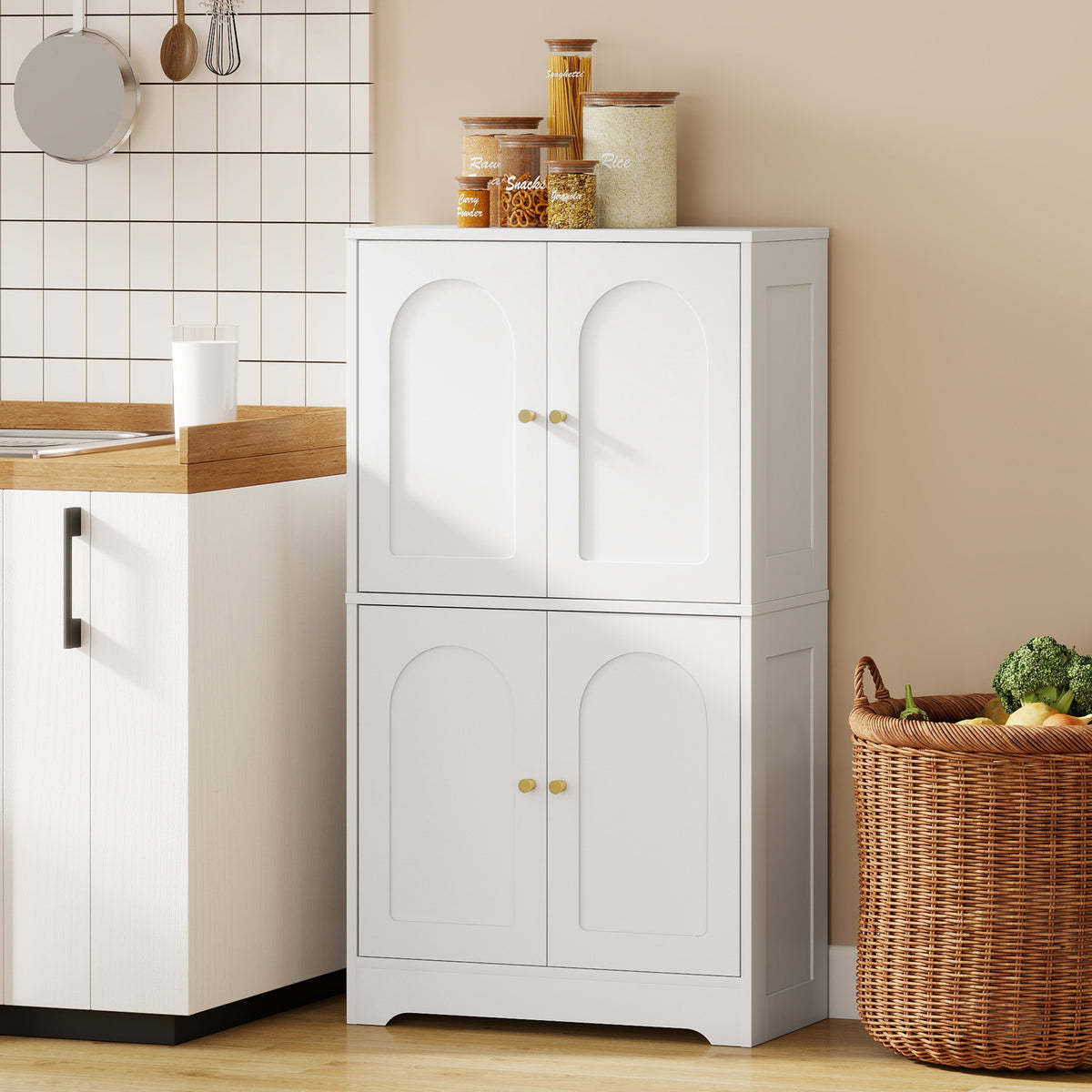 Küchenschrank, Hochschrank mit 2 verstellbaren Regalböden, Küchenbuffet mit 4 gewölbten Türen 60 x 30 x 110 cm, Weiß