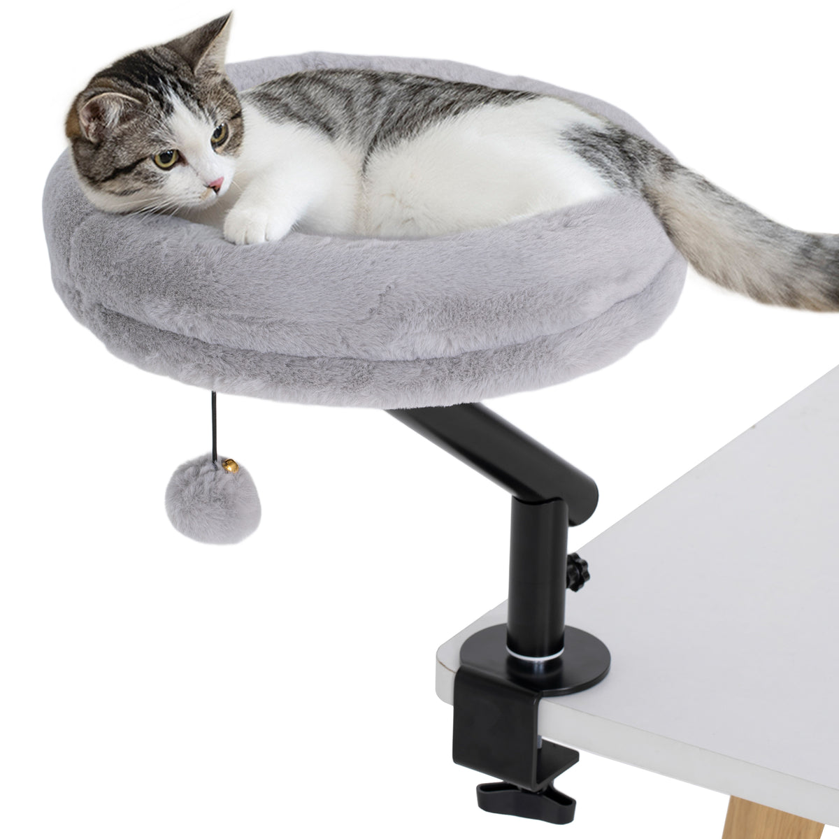 Katzen-Schreibtischbett, Katzenbett für Schreibtisch mit 360°Drehung, verstellbarer Höhe, Katzenliege mit abnehmbarem, maschinenwaschbarem Bett, für Katzen unter 6 kg, Heimbüro, Grau