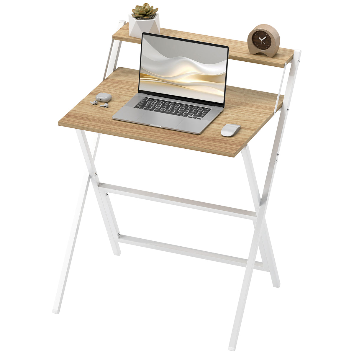 70 cm Folding Computer Desk with Monitor Shelf - Natural Wood Finish
