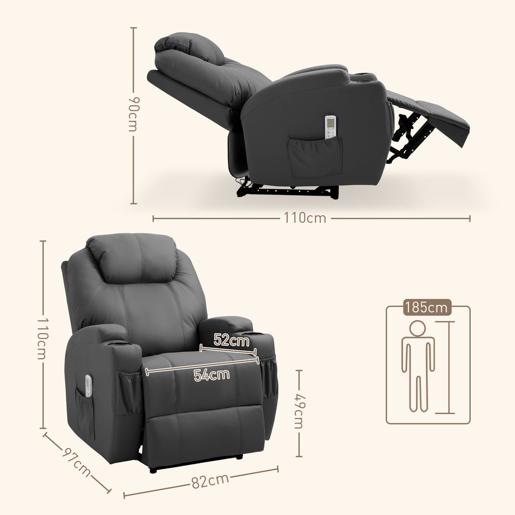 Massagesessel, elektrisch verstellbar, 8 Vibrationspunkte, Becherhalter, Kunstleder, Dunkelgrau