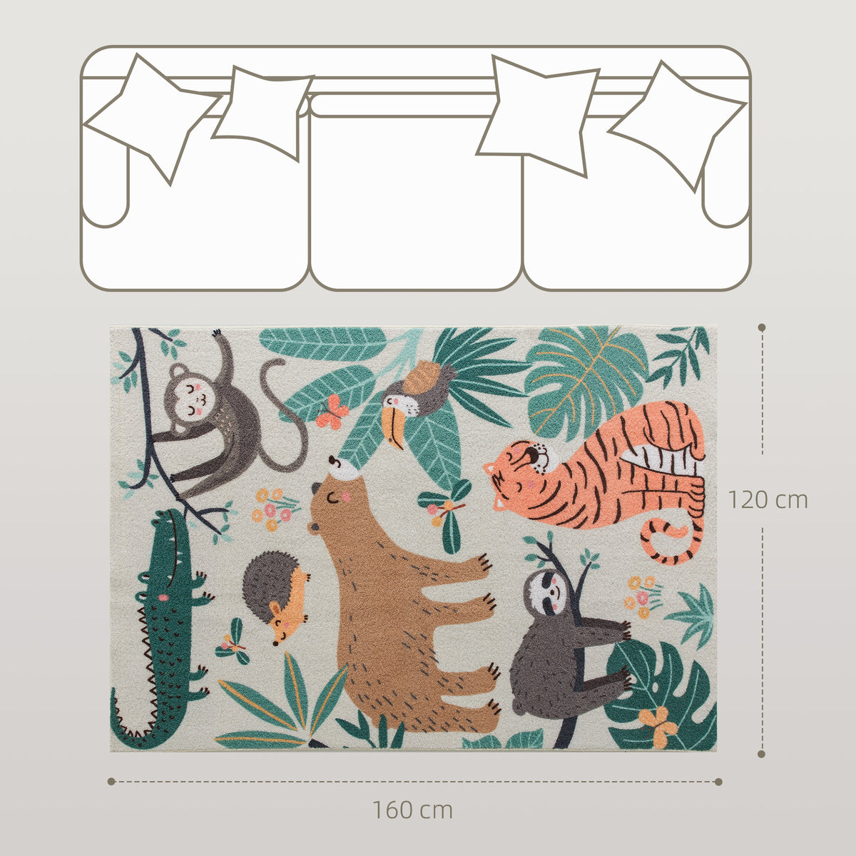 Fleece-Teppich mit Dschungel-Muster, pflegeleicht, Cremewei?+Bunt