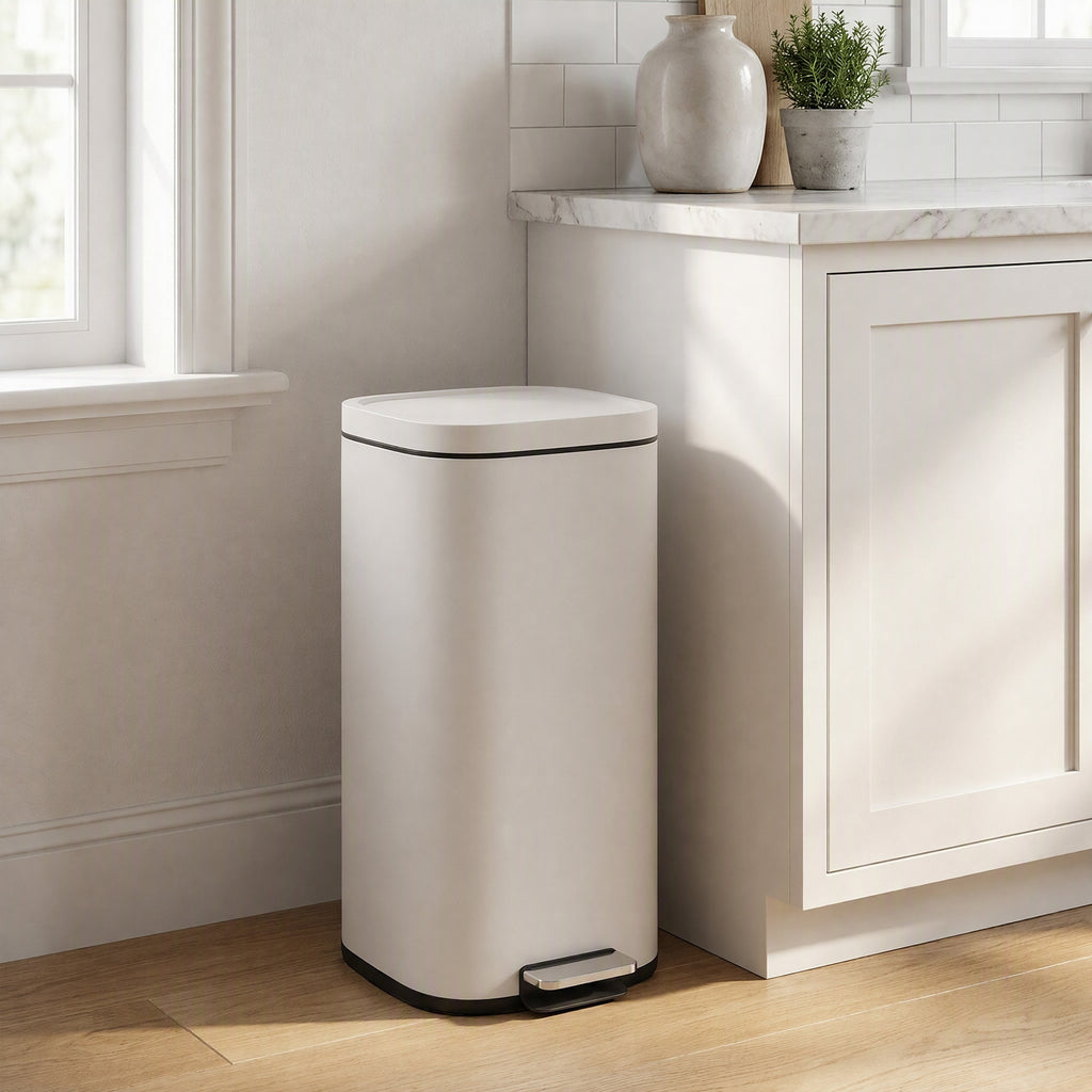 30L Kitchen Bin, Compact Pedal Bin with Soft-Close and Stay-Open Lid, Removable Bucket for Kitchen, Home, Office, Cream