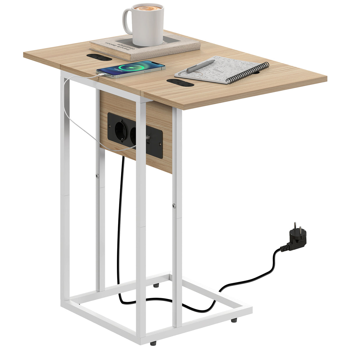 Klappbarer Beistelltisch, Ladestation mit USB-Ports, Metall, 39 x 29 x 57 cm, Holzfarben