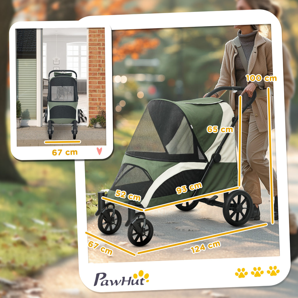 Foldable Pet Stroller for Medium Dogs with Four Big Wheels, Shock-Absorbing Frame, Safety Leashes, Brakes, Dark Green
