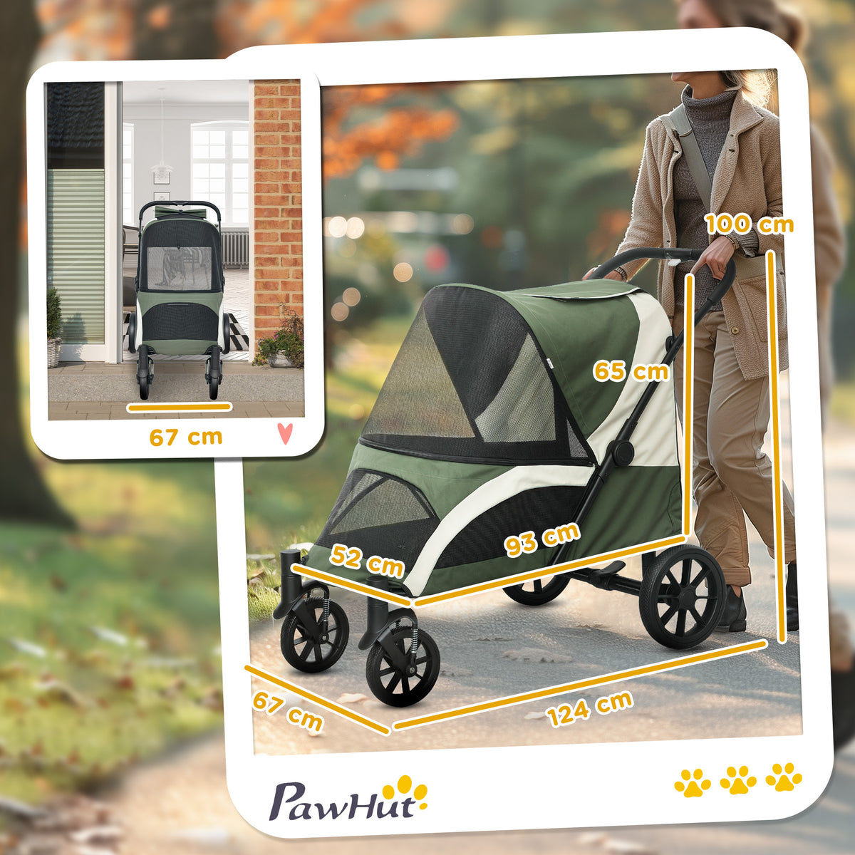 Foldable Pet Stroller for Medium Dogs with Four Big Wheels, Shock-Absorbing Frame, Safety Leashes, Brakes, Dark Green