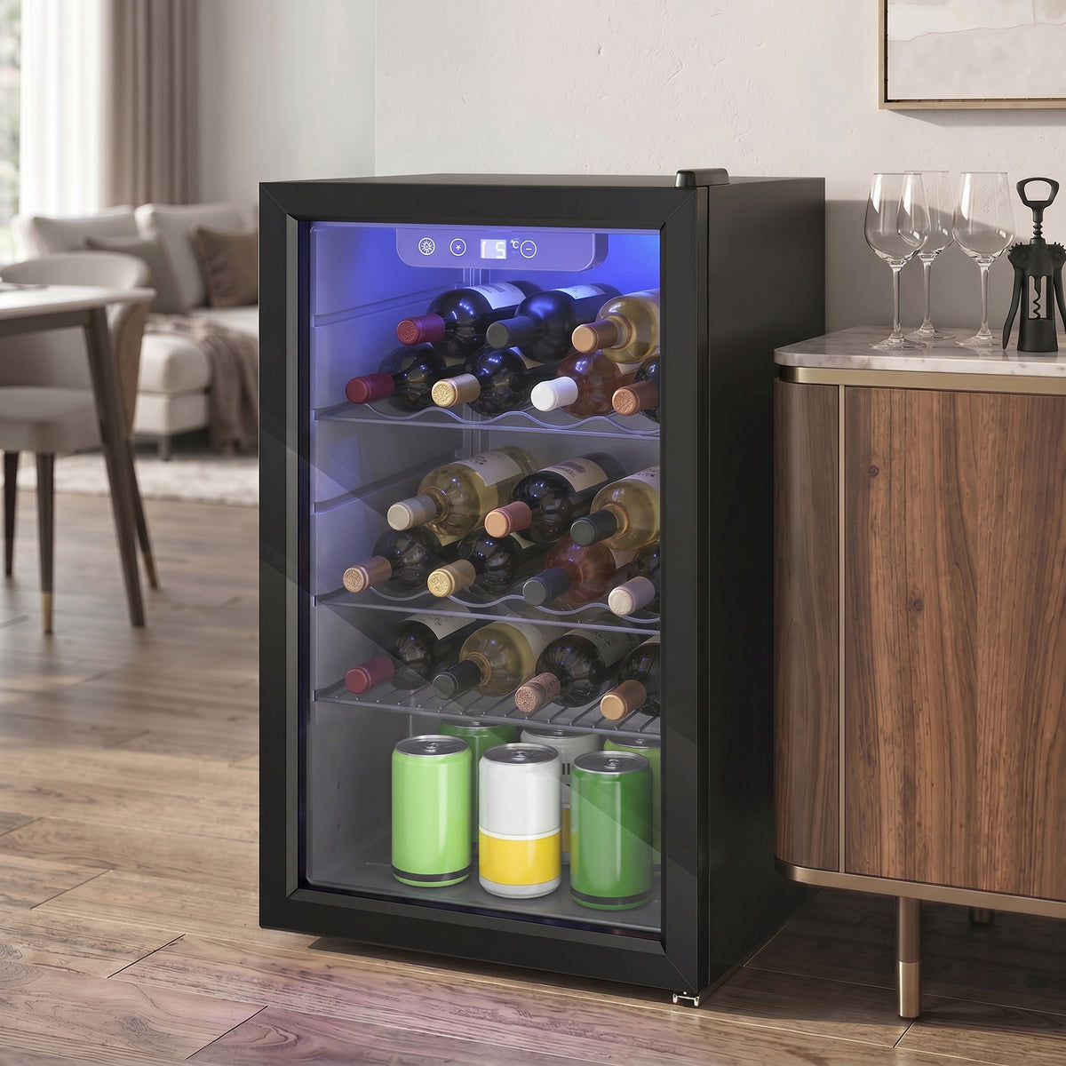 Weinkühlschrank 24 Flaschen, 68 Liter Kapazität, 4–16 °C Standgerät für Getränke, Bier und Wein mit Glas-Tür, Schwarz