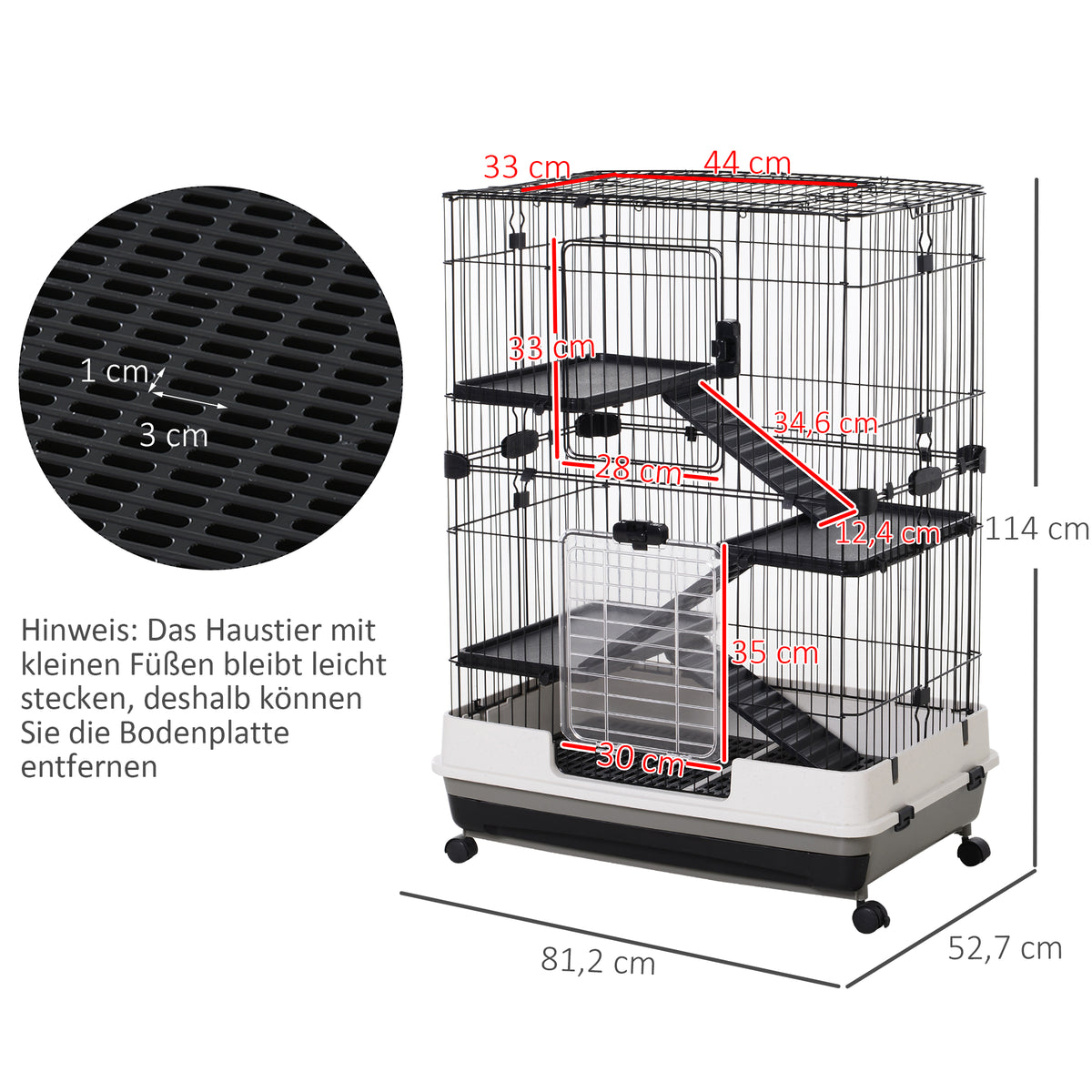 Four-Tier Small Animal Cage, for Bunnies, Ferrets, Chinchillas w/ Wheels, Tray - Black