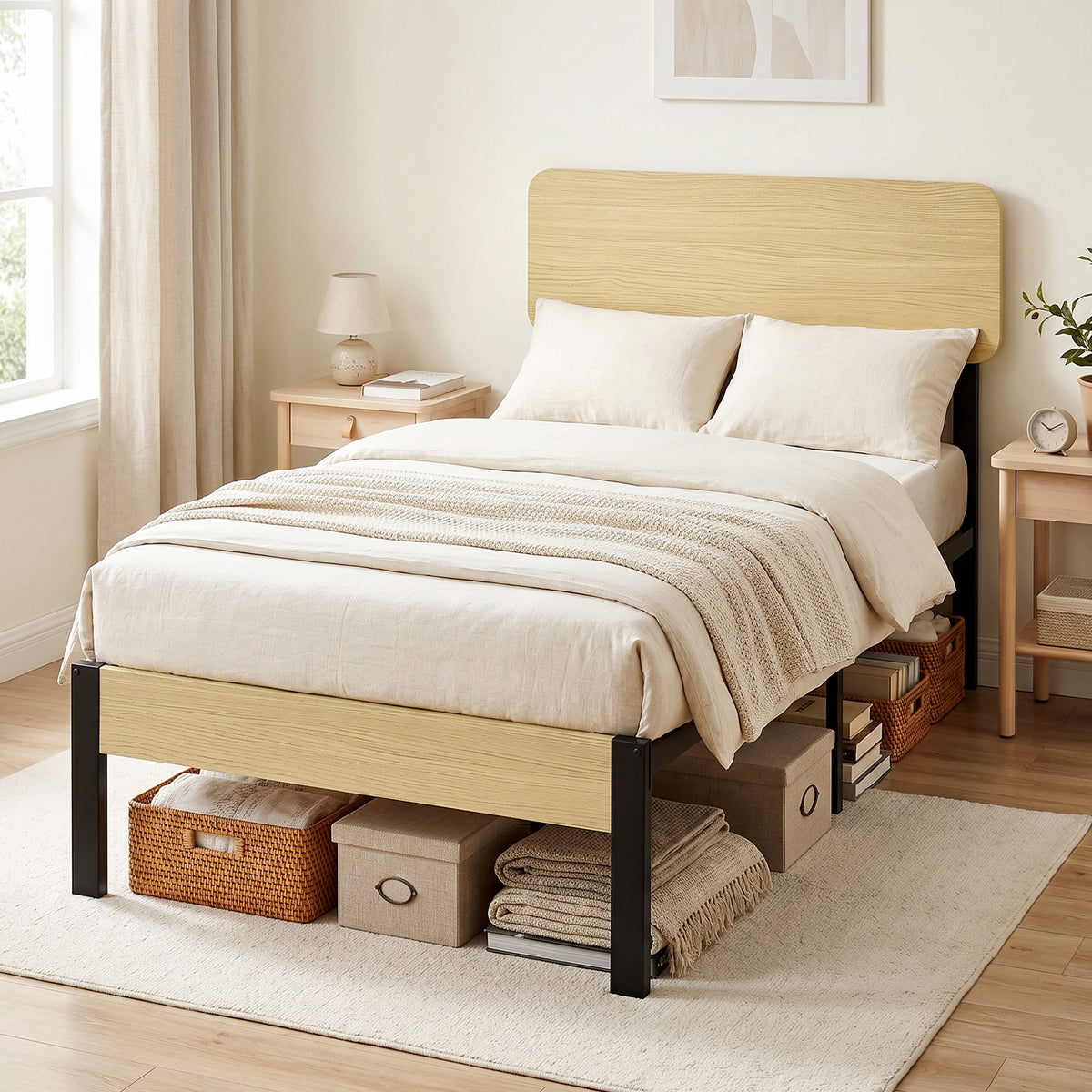 Bettgestell 90 x 200 cm mit Kopfteil, Plattformbett, Einzelbett mit Stauraum unter dem Bett
