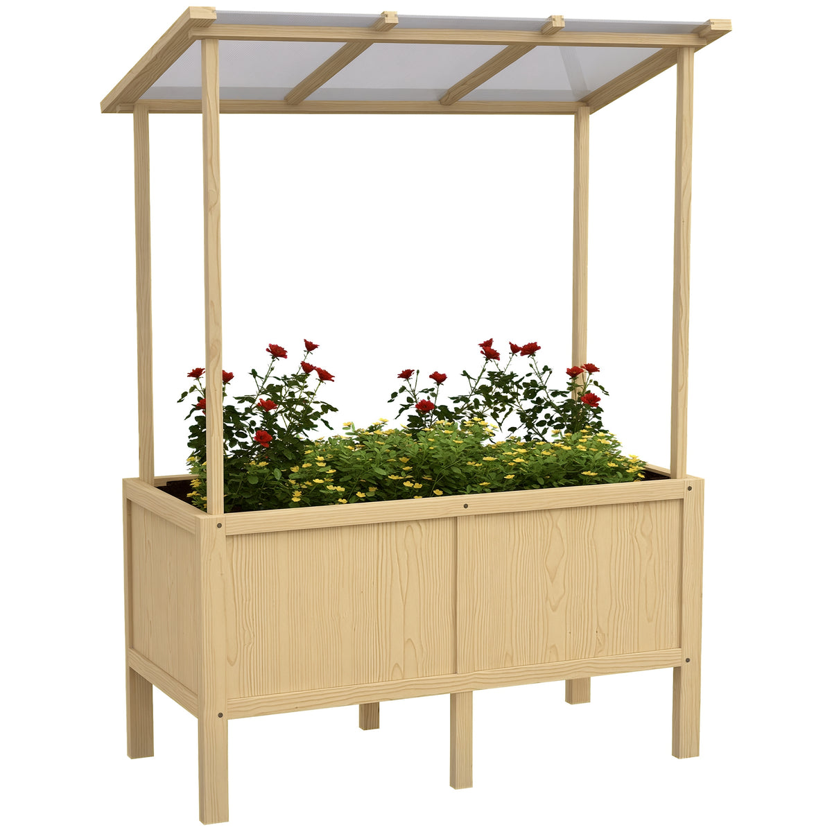 Hochbeet mit Dach, Drainagel?cher, Vliesauskleidung, wetterfest, Tannenholz, 110x60x152 cm