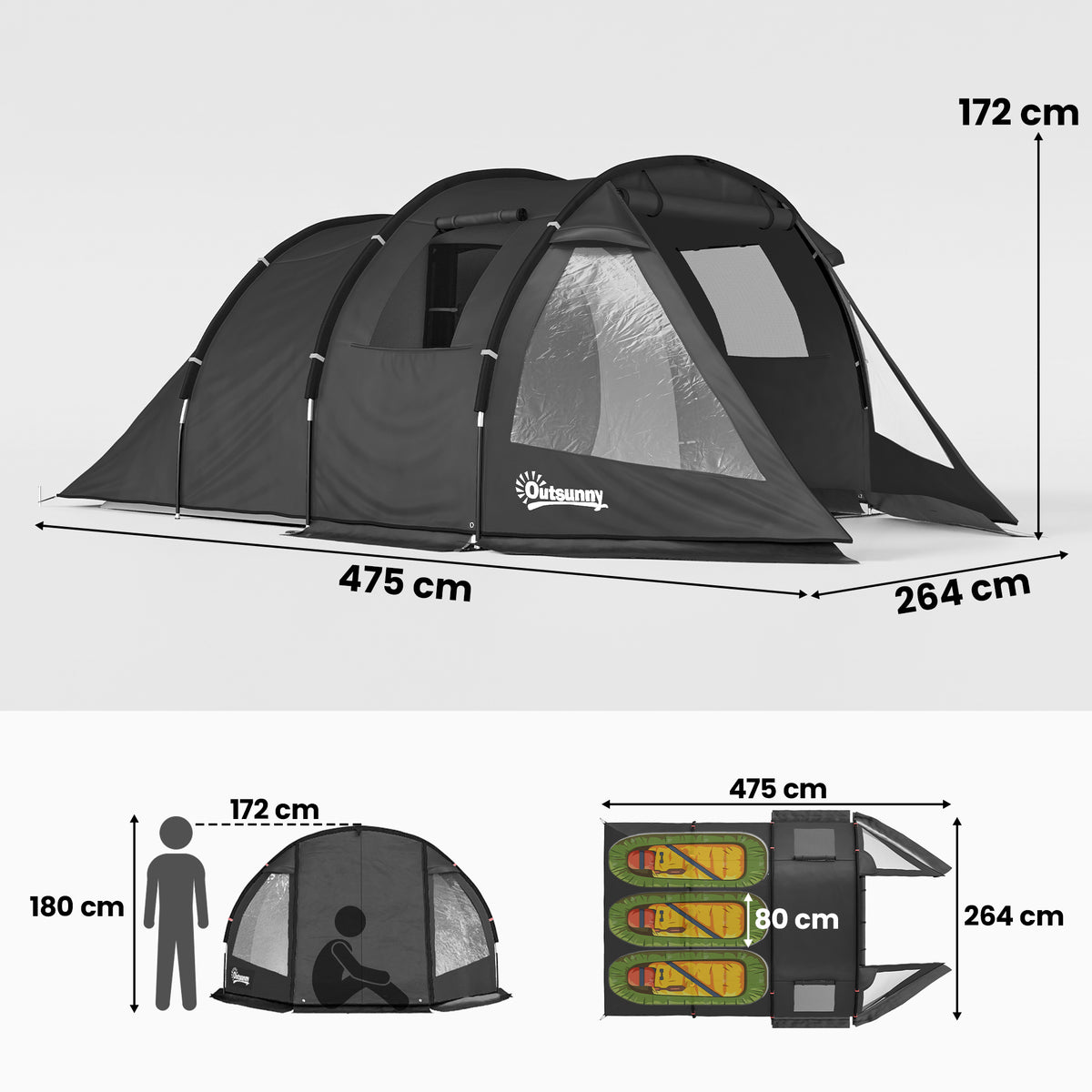 Campingzelt Trekkingzelt Zelt, wetterbeständig, 2 Räume, 475 x 264 cm Breite x 172, Schwarz