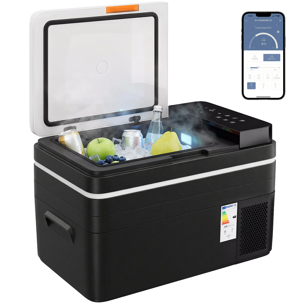 Kompressor Kühlbox 30L -20℃-20℃ Elektrische Kühlbox mit APP-Steuerung LED-Leuchten USB Anschluss Batterieschutz