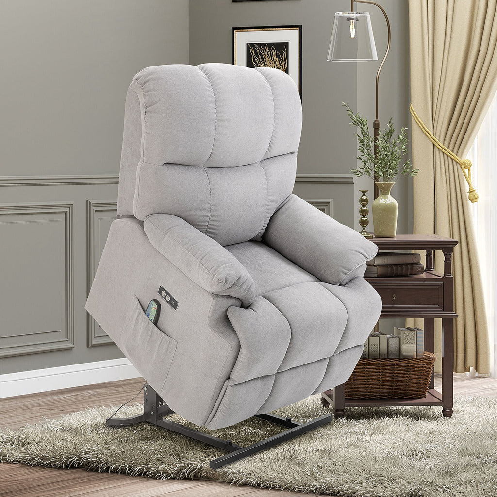 Sessel mit Aufstehhilfe, Massagesessel, Relaxsessel mit USB-Anschluss, Fernsehsessel mit Fernbedienung, Seitentasche, Neigebarer TV-Sessel mit Samtoptik, Grau