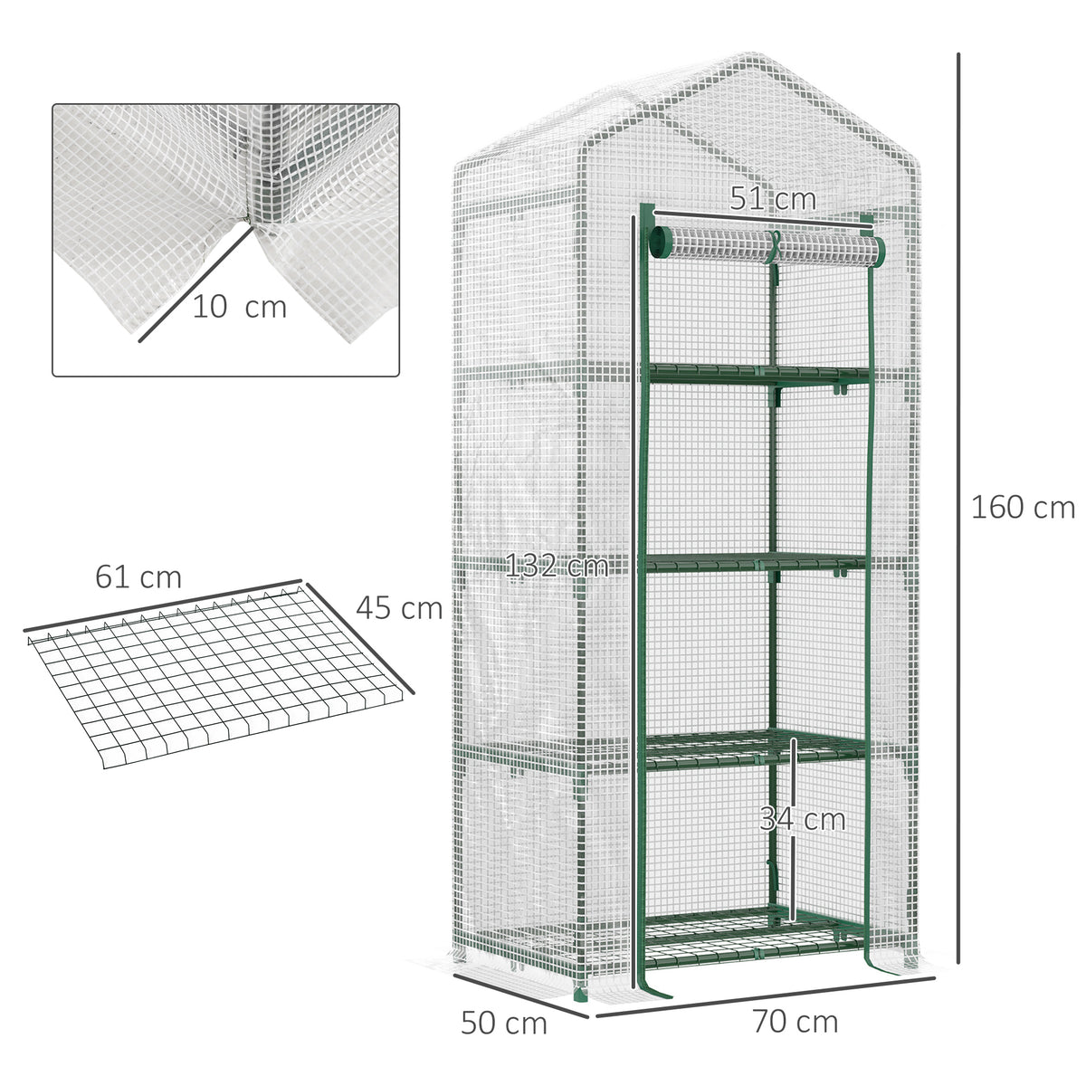4 Tier Mini Portable Greenhouse Compact Plant Grow Shed Metal Frame PE Cover with Lockable Rolling Wheels, White