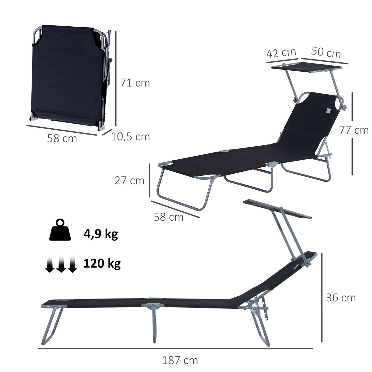  Sonnenliege klappbar Gartenliege mit Sonnenschutz Liegestuhl mit 4-Fach verstellbare Rückenlehne Campingliege bis 120kg belastbar für Garten, Balkon und Pool geeignet, 6 Farben(Schwarz )