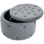 Hocker, rund, mit Staufach, Steppdesign mit Knöpfen, Bezug in Samtoptik, grau, 60 x 60 x 40cm