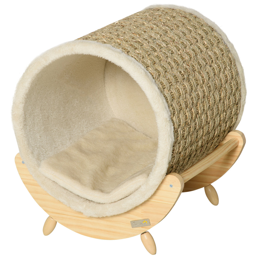 Katzenhöhle mit Kratzfläche inkl. Kissen, Kratztonne, 41 cm x 38 cm x 43 cm, Natur + Beige