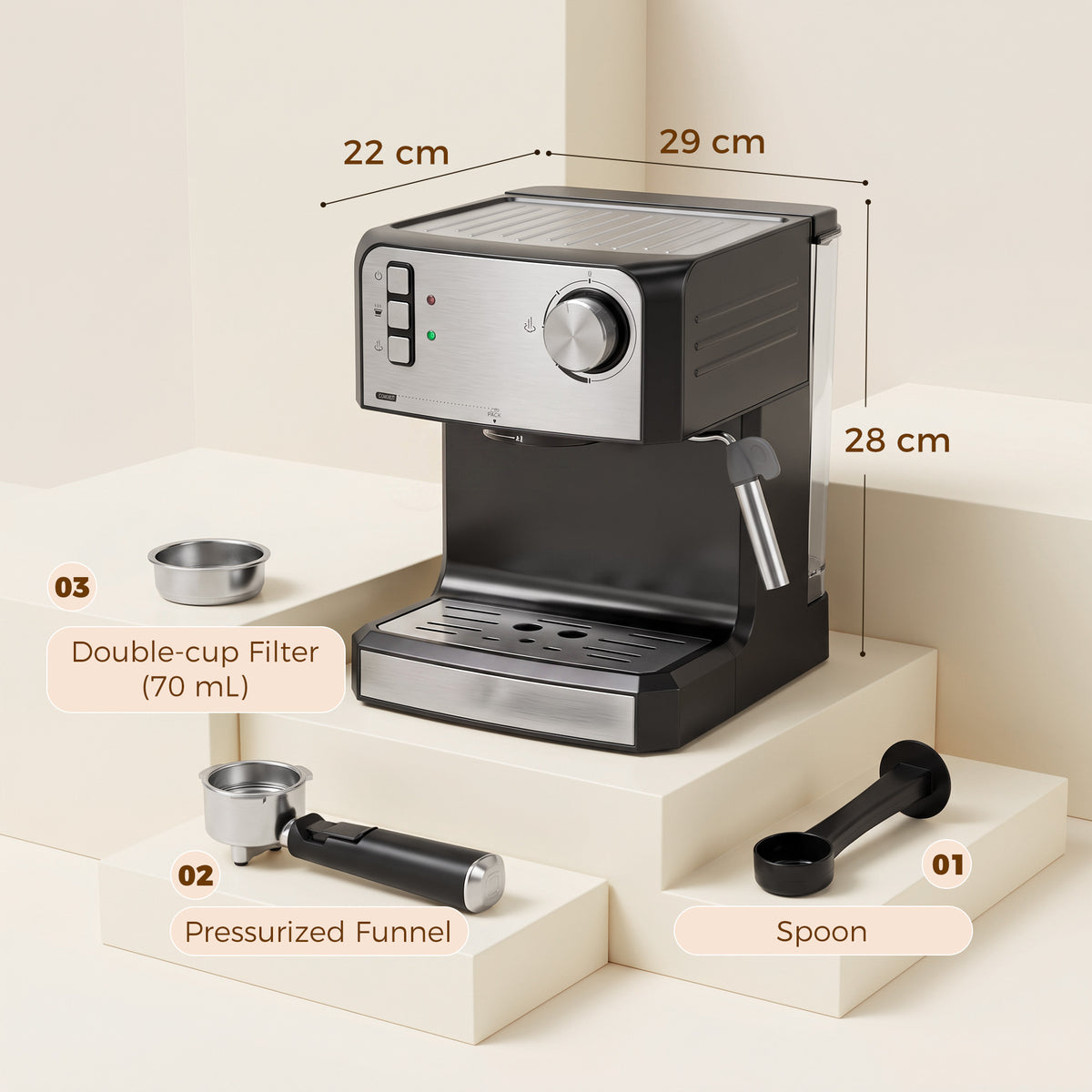 Espressomaschine, 20-Bar-Kaffeemaschine mit Milchaufschäumdüse, 1,6-l-Wassertank, Schwarz
