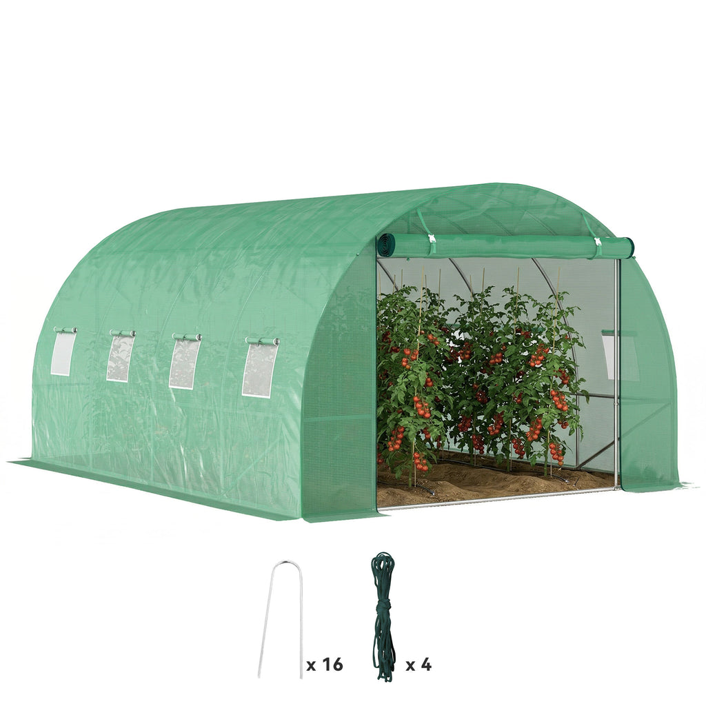 Polytunnel Gewächshaus mit Kunststoff-Abdeckung und Stahlrahmen, begehbares Gewächshauszelt mit Rolltüren, Grün