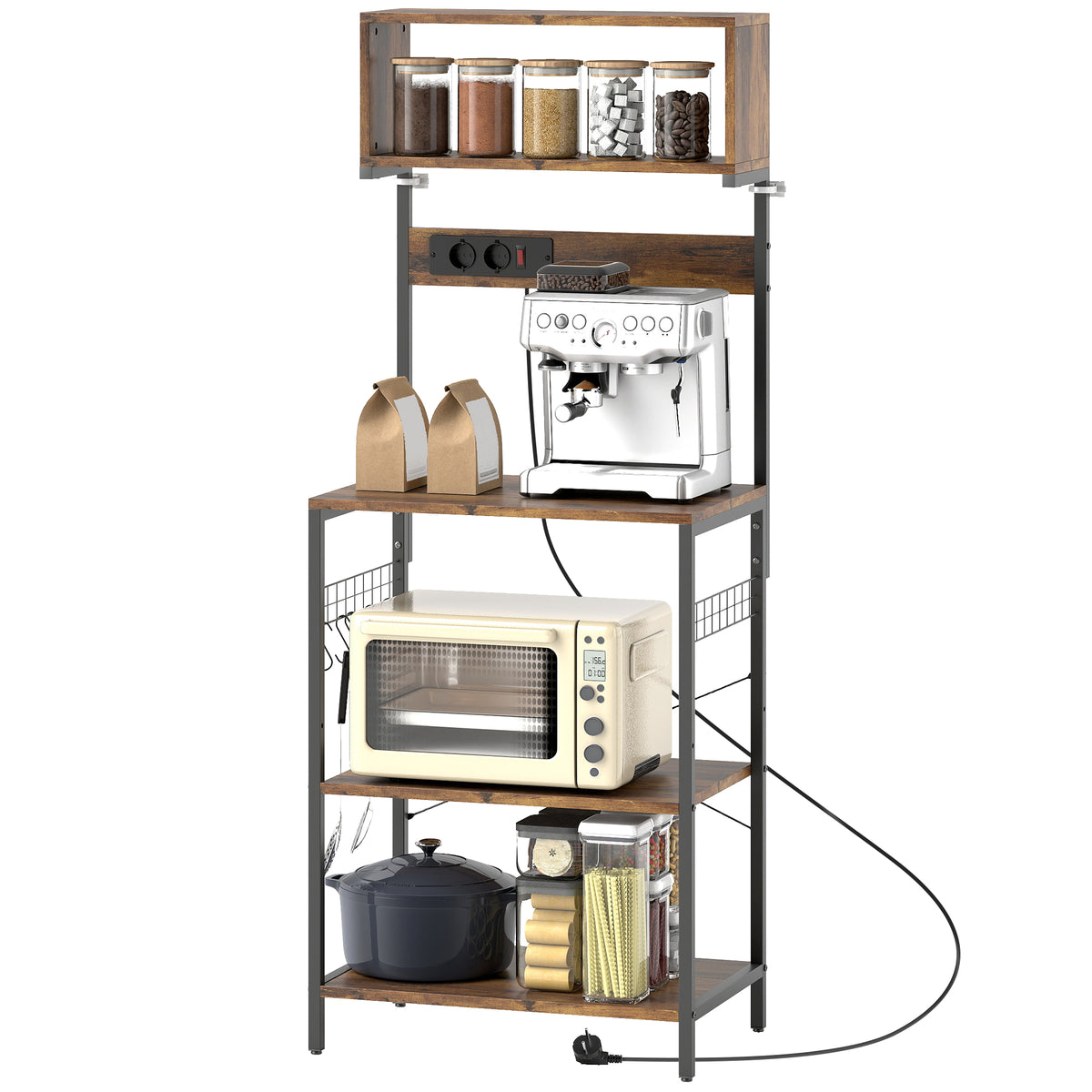 K¨¹chenregal, Standregal mit 5 S-Haken, 5 Ablagen, Steckdose, aus Stahl, Rustikal-Braun, 60 x 42 x 153 cm
