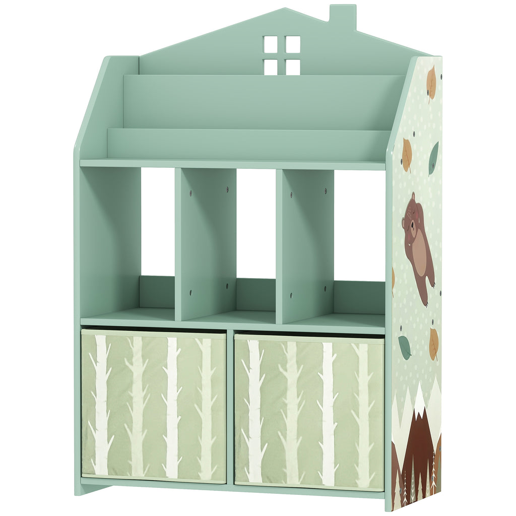 Kids Bookshelf with Storage, Toy Storage Unit with Book Display, Shelves and Fabric Drawers for Playroom Nursery, Green