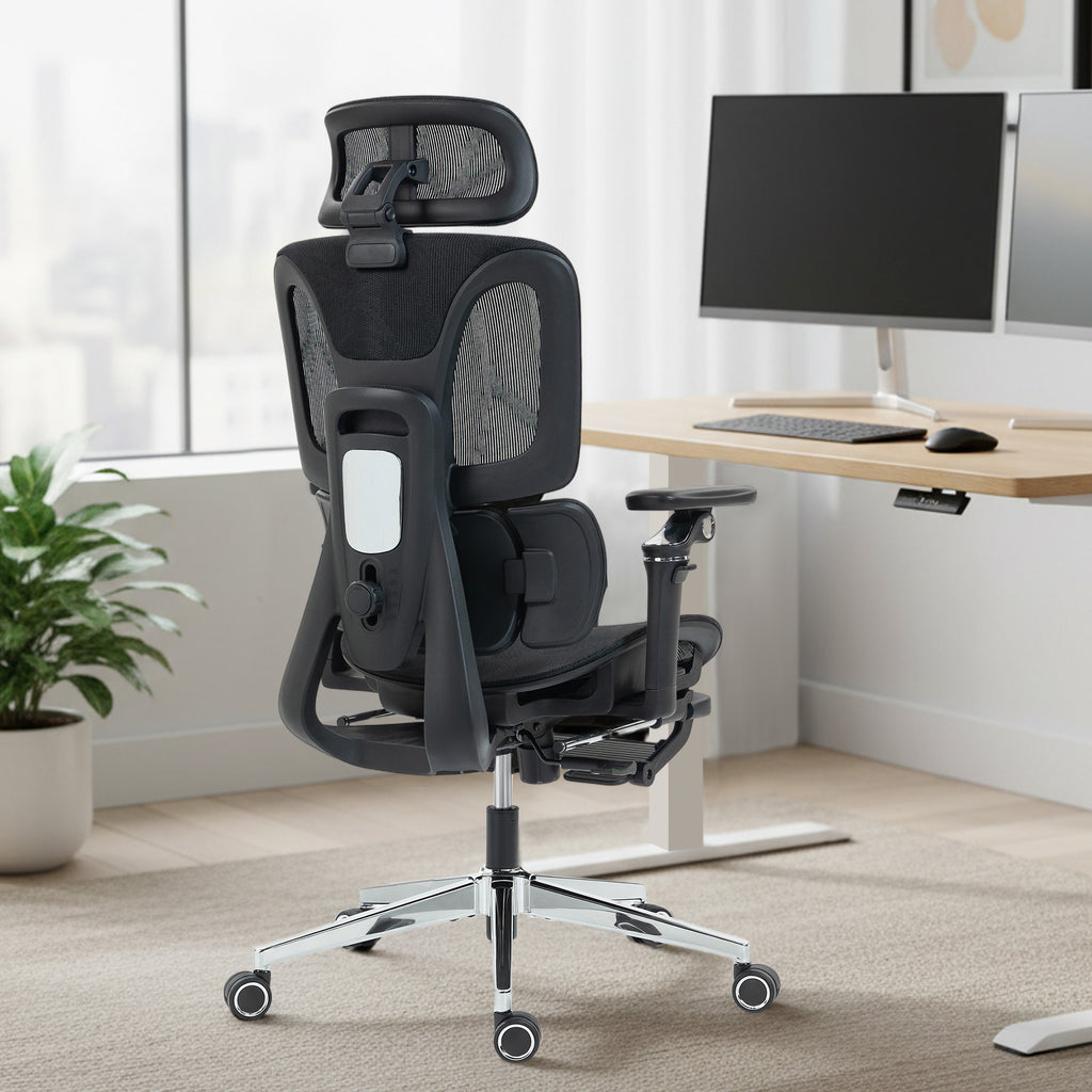 Bürostuhl Ergonomisch Schreibtischstuhl mit verstellbar Lenden- und Kopfstütze 6D-Klapparmlehnen Fußstütze Netz Schwarz