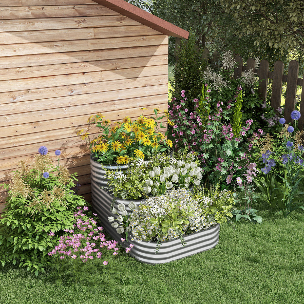 Hochbeet Outdoor-Blumentreppe Pflanzkasten, 3 Stufen, 158 cm x 109 cm x 82 cm, Silber