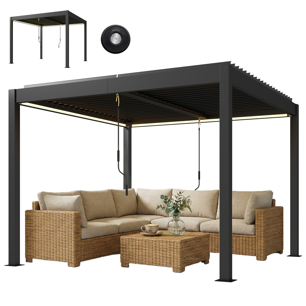 Pergola 3x3 m Aluminium Terrassenüberdachung mit LED-Beleuchtung Fernbedienung verstellbar Lamellendach