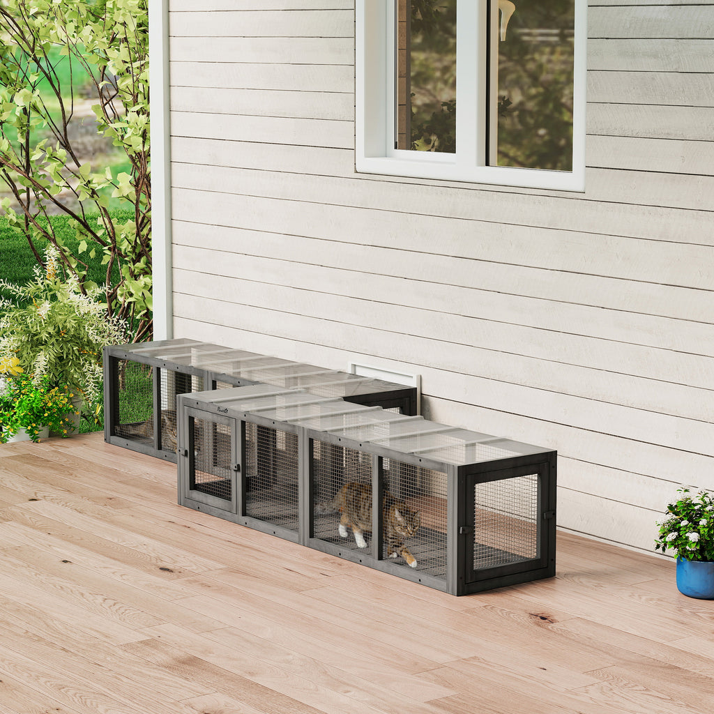 Katzentunnel Katzenspielzeug aus Holz mit 3 Türen, erweiterbar Spieltunnel für Katzen bis 10 kg, 151,5 x 38,5 cm Grau