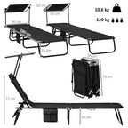 Set of Two Folding Sun Loungers, with Adjustable Backs and Sun Canopies - Black