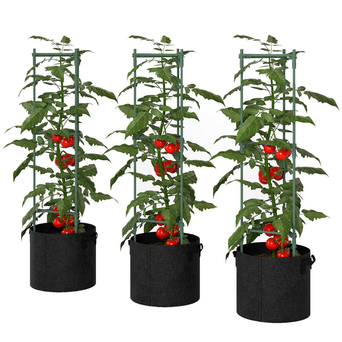 3 Packs Tomato Cages with 83.7L Grow Bags, 120cm Adjutstable Triangle Plant Stakes Support Trellis with Planter Bags