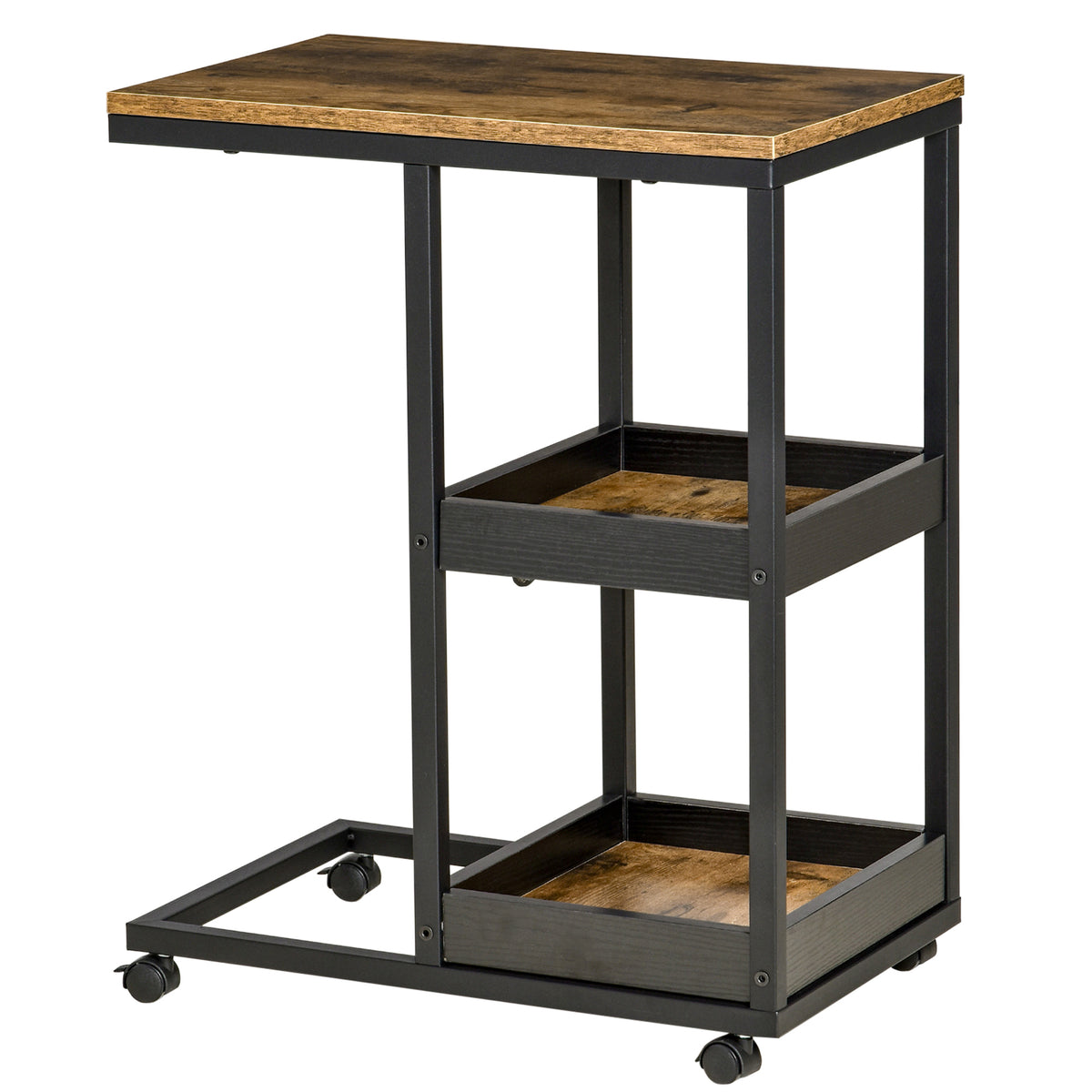 Mobile Sofa Side Table, Industrial C-Shaped Rolling Table with 3-Tier Storage Shelving, Four Lockable Wheels Steel Frame, Dark Brown