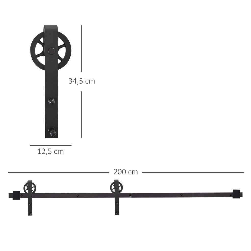 Gleitschienen-Bausatz für Schiebetür, rustikales Design, Karbonstahl, 200x4x0,6 cm, bis 90 kg, Schwarz