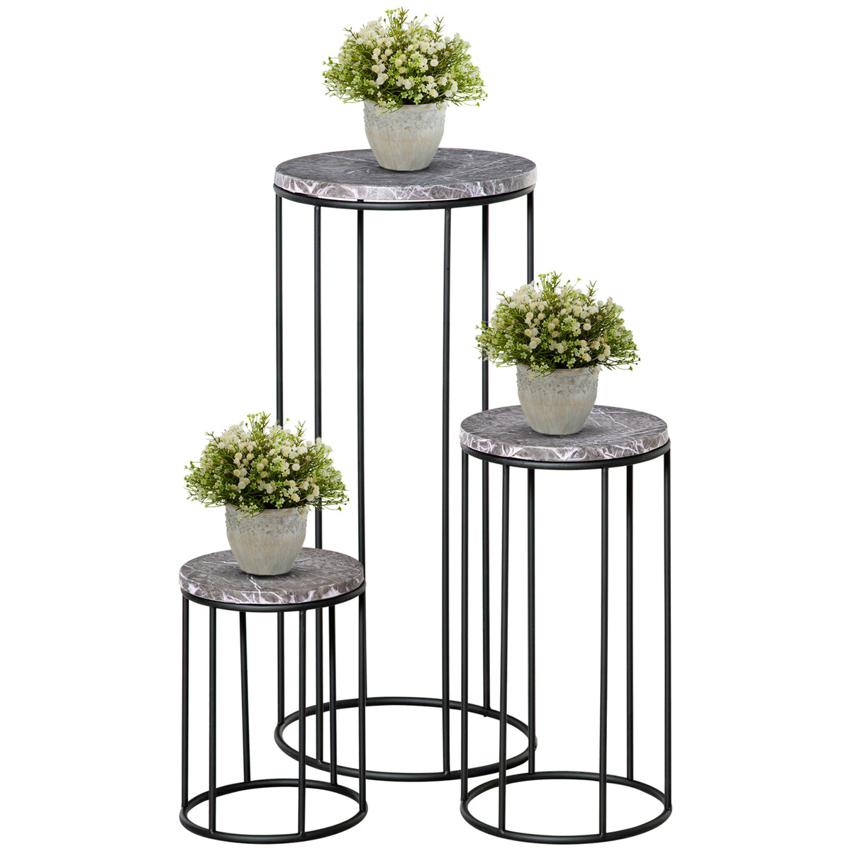 Blumenständer 3er Set aus Metall Pflanzenständer Set in Marmoroptik Blumenhocker Blumentopfhalter Stapelbar Pflanzenhocker für Blumentopf Schwarz+Grau