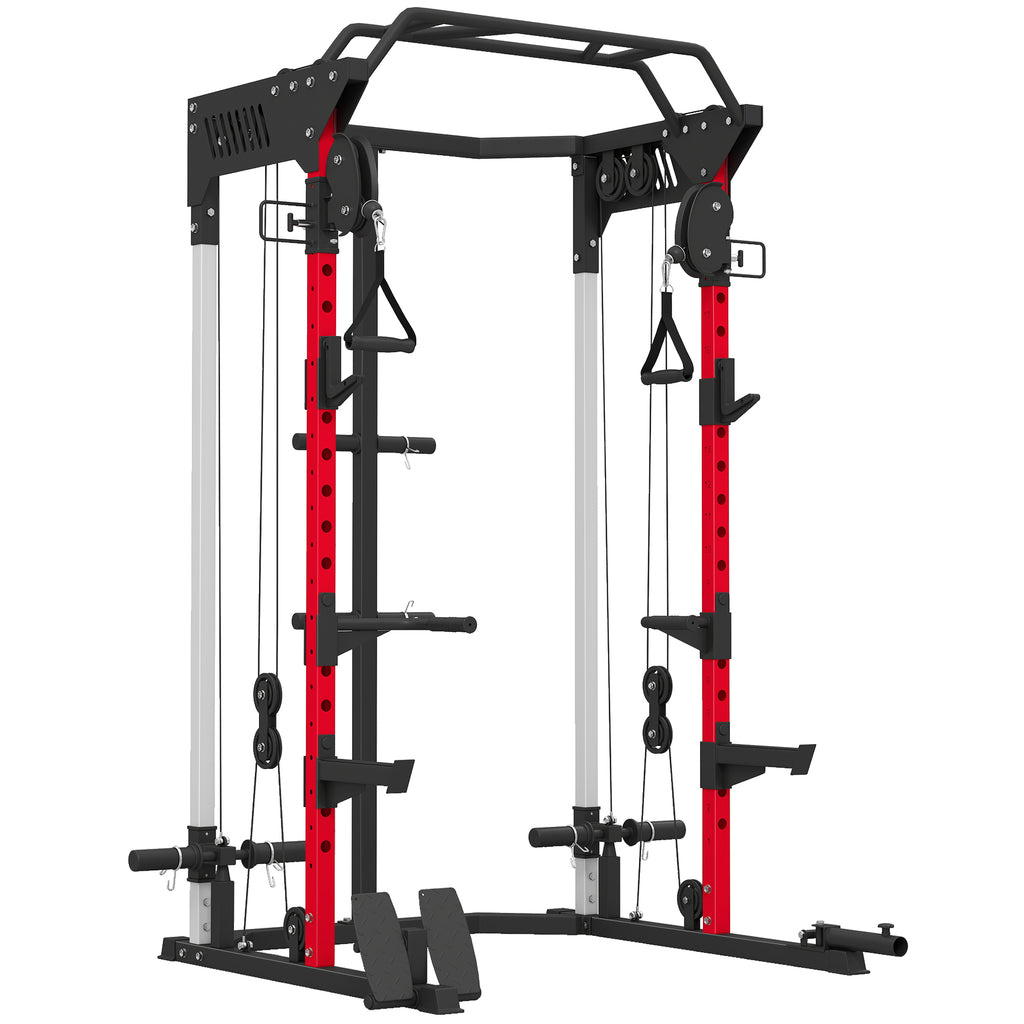 Power Cage, Power Rack with Adjustable Cable Pulley System, Pull-Up Bar, Dip Station, Landmine