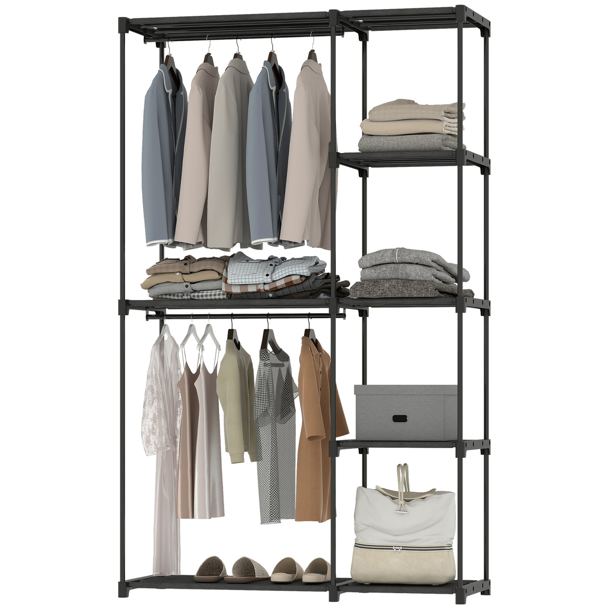 Stoffschrank Kleiderschrank mit Kleiderstange, Ablagen, f¨¹r Schlafzimmer, Ankleidezimmer, 111 x 43 x 185 cm, Schwarz