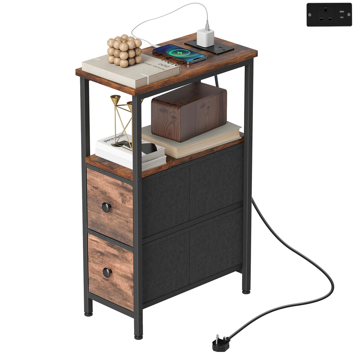 Couchtisch Beistelltisch mit Ladestation, Stahlrahmen, 2 Stoffschublade, offen Fach, 20cm x 40cm x 63cm, Rustikal-Braun
