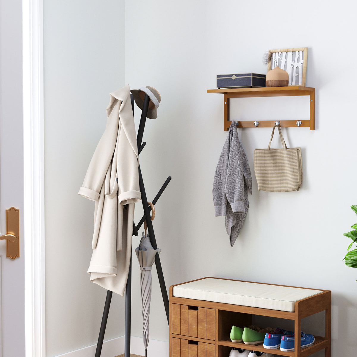 Wandgarderobe Garderobe mit Haken Wandmontage platzsparend 5 kg belastbar, 50 x 16 x 17,5 cm Naturholz