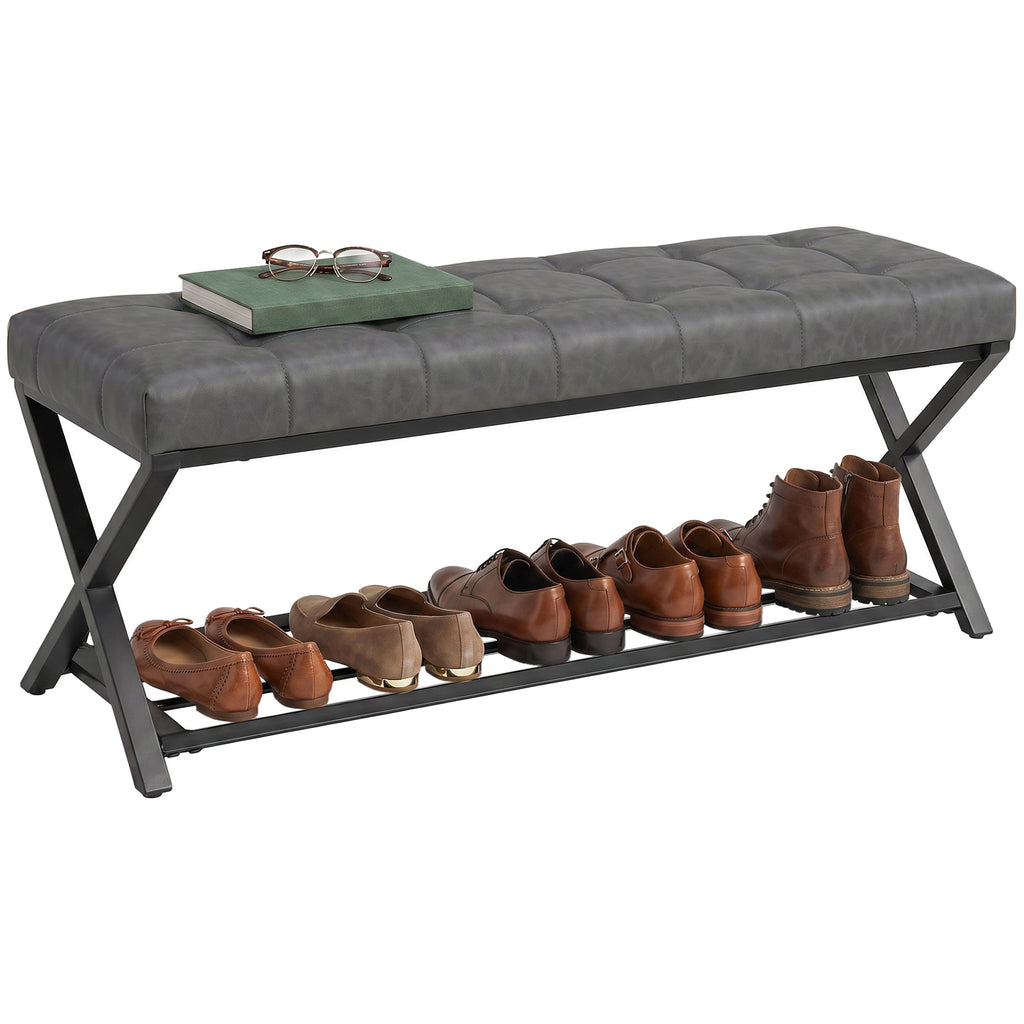 Schuhbank, Eingangsbank mit Kunstlederpolster, Ablage bis 220 kg für Flur, Eingangsbereich, 112 x 37 x 47 cm, Dunkelgrau