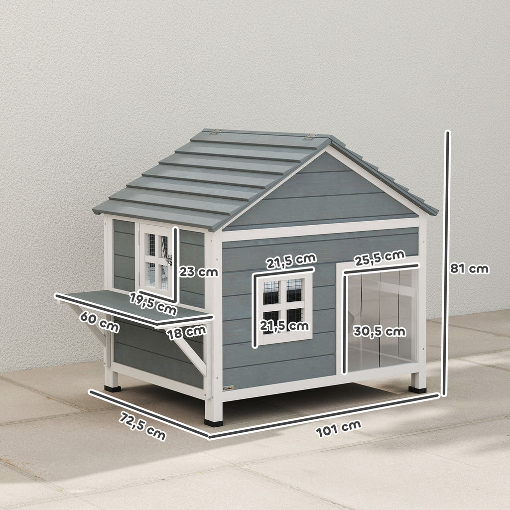Katzenhaus aus Holz 2-Etagen Katzenhöhle mit wasserdicht aufklappbar Dach, seitlicher Plattform, 101x72,5x81cm, Grau