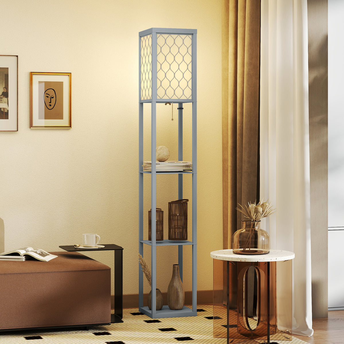 Stehlampe mit Regal, 3 Fächer, kompakte Maße, MDF, Hellgrau