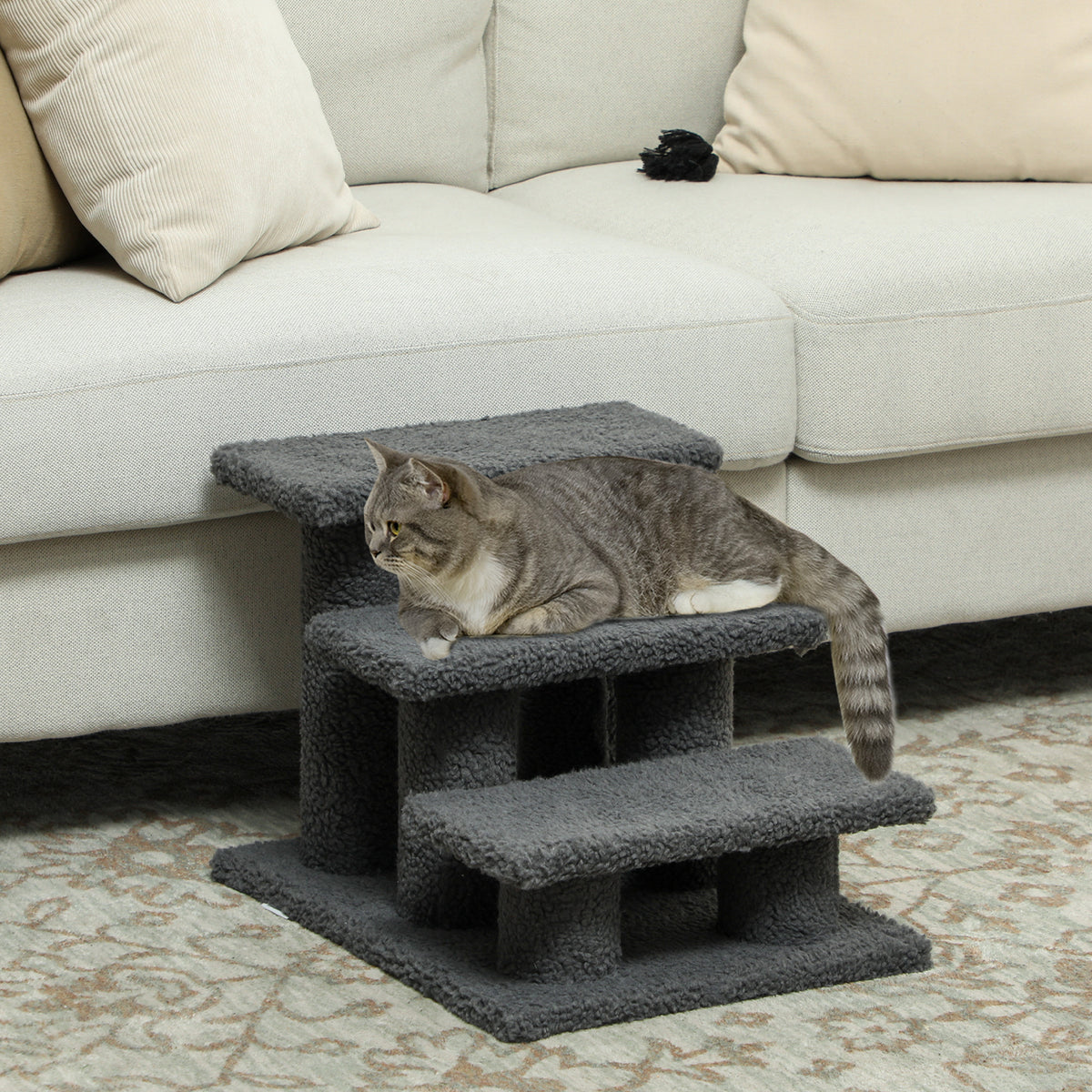 Katzentreppe 3 Stufen Tiertreppe Treppe für Katze Haustiertreppe 45 x 35 x 34 cm Grau