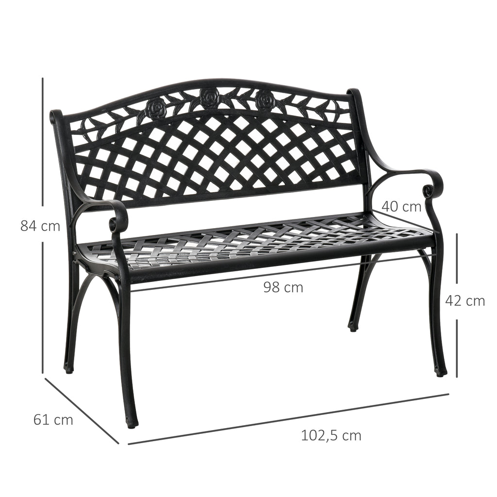 2-Sitzer Sitzbank Alu Gartenbank Metallbank Bank mit Armlehnen Landhausstil Schwarz 102,5 x 61 x 84 cm