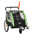 2-in-1 Fahrradanhänger für 2 Kinder, Schiebefunktion, Regenschutz, Bremse, Grün