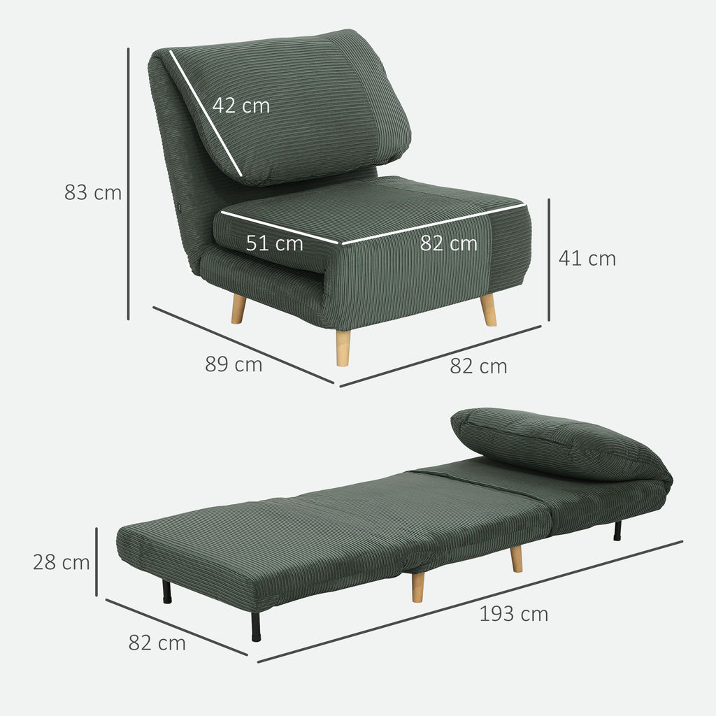 2-in-1 Schlafsessel G?stebett, verstellbare Kopfst¨¹tze Cord-Optik 82 cm x 87 cm x 89 cm Gr¨¹n