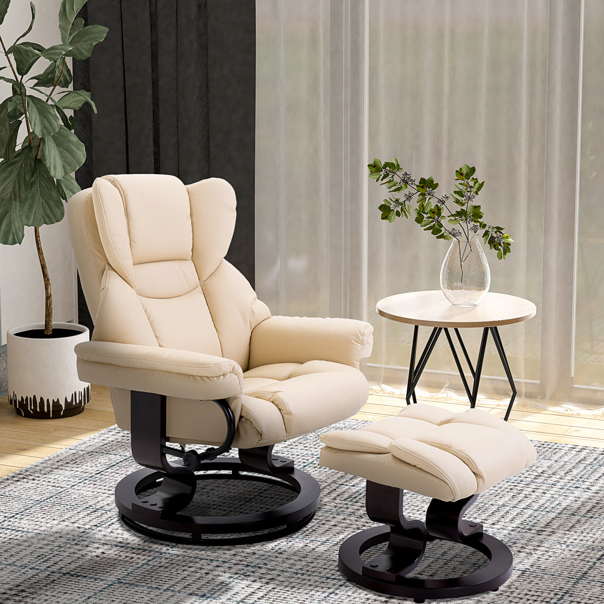 Relaxsessel mit Hocker, Liegefunktion, drehbar, bis 160 kg, Kunstleder, Metallrahmen, creme, 80 x 79 x 100 cm