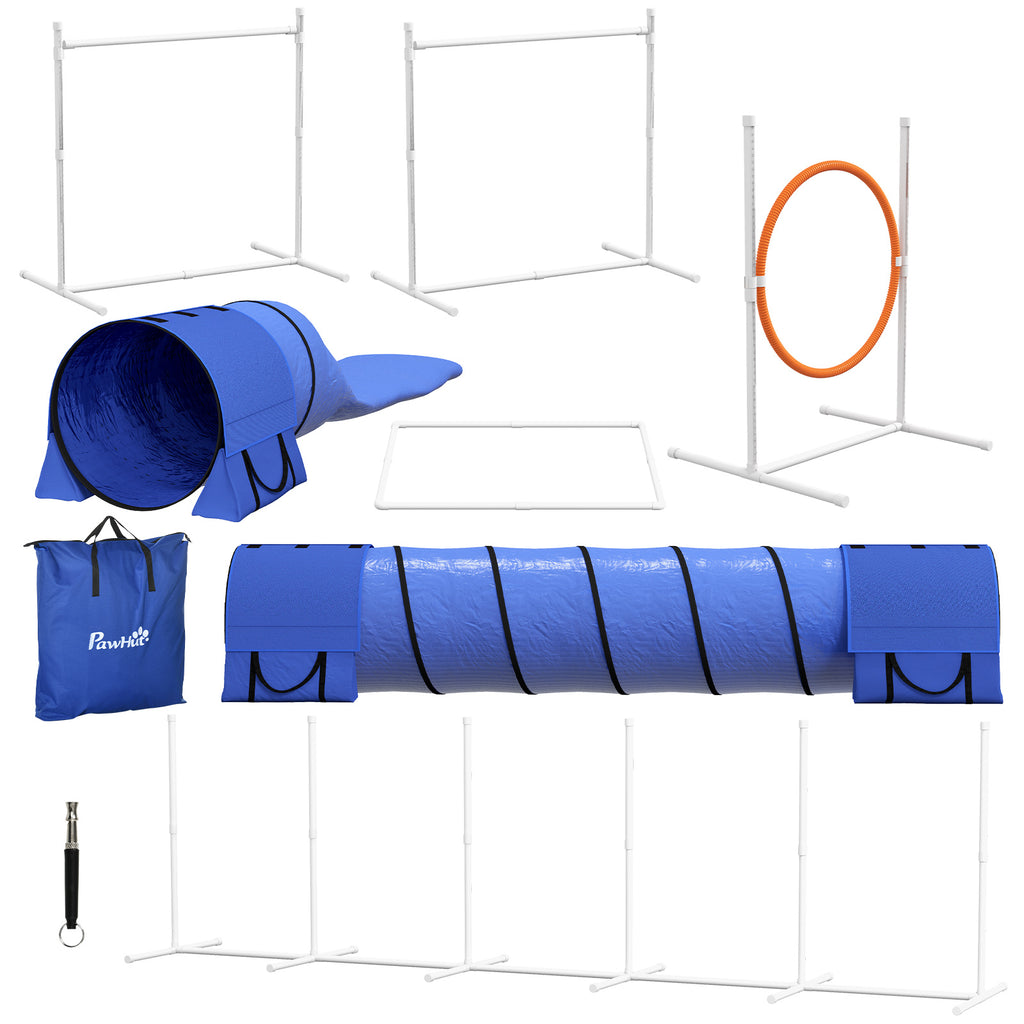 Hunde-Agiliy-Set Hundeparcours, 1 Reifen, 2 Tunnel 2 Hürden, 321 cm x 63c m x 93 cm, Blau + Rot+ Weiß