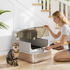 XXL Stainless Steel Cat Litter Tray, Enclosed Cat Litter Box with 90° Flip Cover, Double Doors, Scoop, Easy Clean, Grey