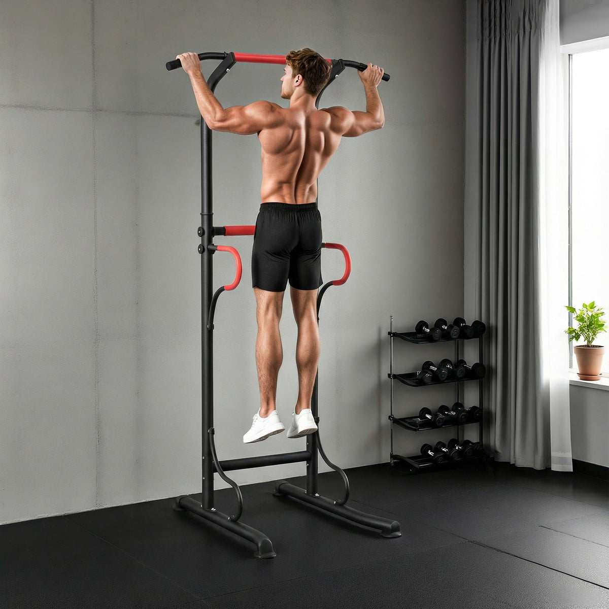 Steel Multi-Use Exercise Power Tower Pull Up Station Adjustable Height W/ Grips