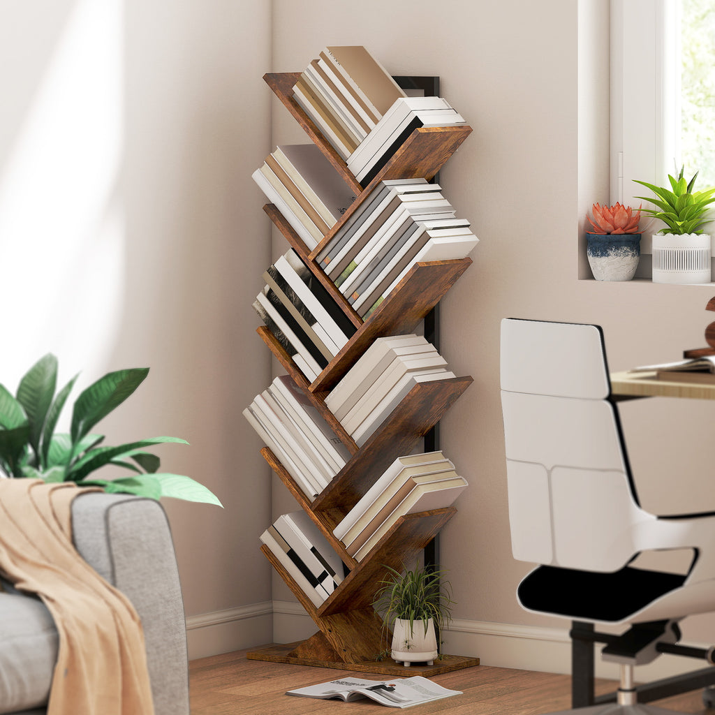 Bücherregal Standregal mit 9 Ebenen Schmal Regal im Baumform für Büro, Rustikal Braun